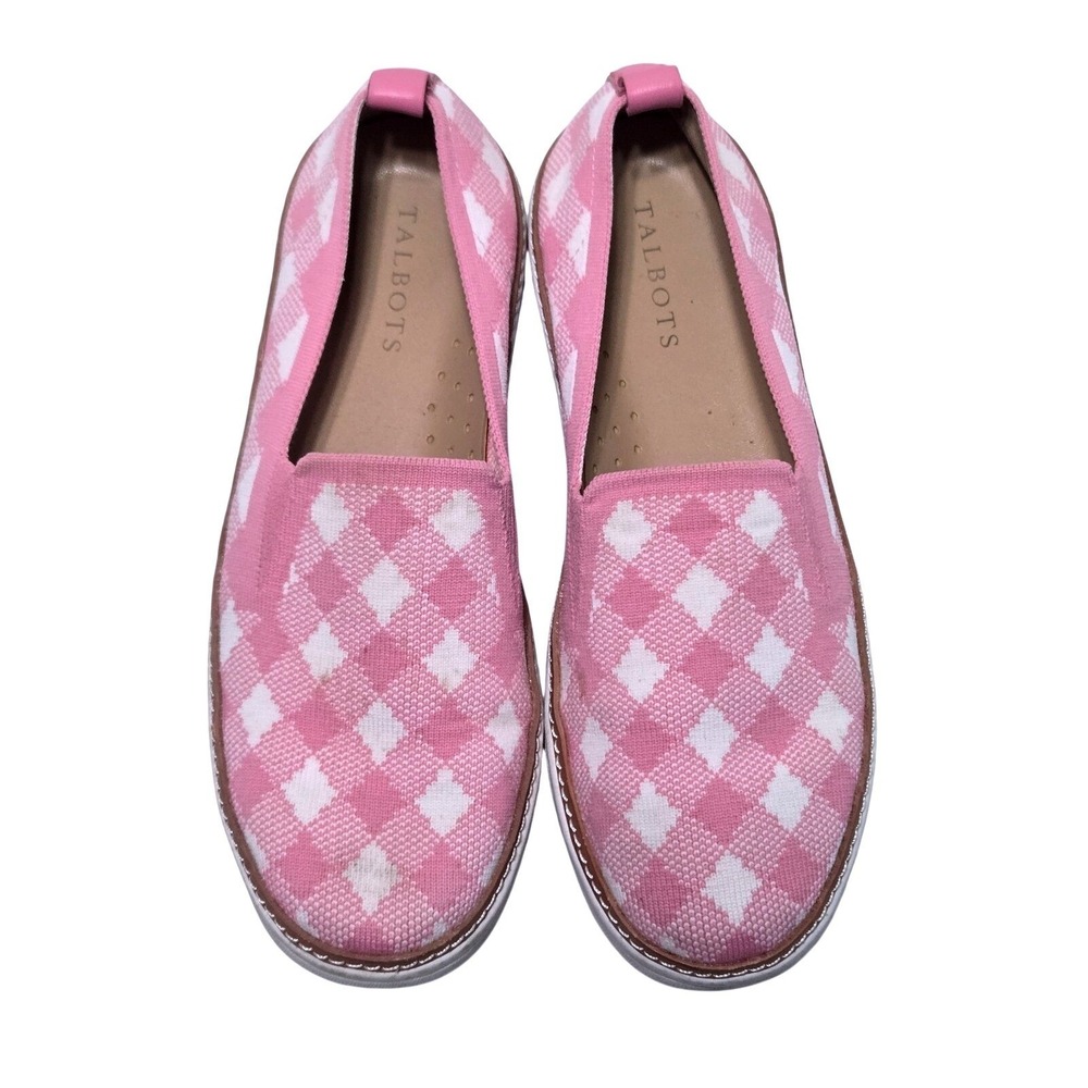 Talbots Pink White Gingham Plaid Knit Slip On Loafers Flats Women's Shoes Size 7